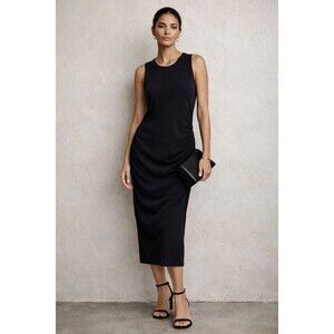 James Perse Ruched Side Sleeveless Midi Dress Black Sz 4 (XL) Made in USA